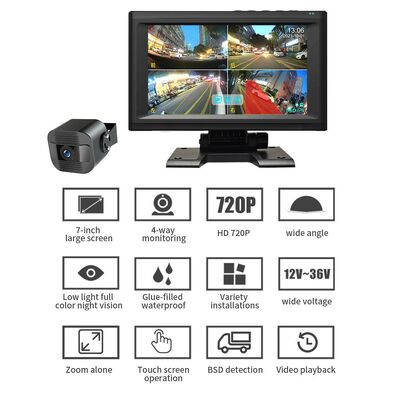 AI MDVR 7 Inch Touchscreen Video Recorder Featuring Four Channel Panoramic Monitoring and Blind Spot Detection System