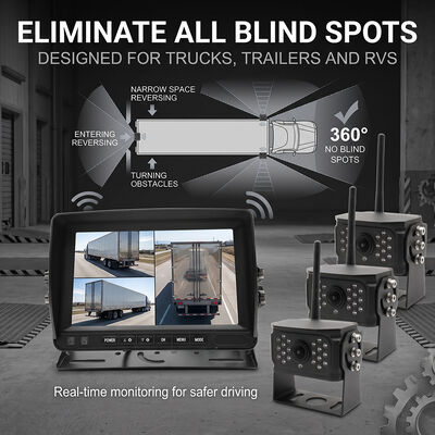 AI Blind Spot Detection Wireless RV Camera System with 7" Monitor -4-Cam Quad Split Screen Heavy Duty Truck Backup Kit