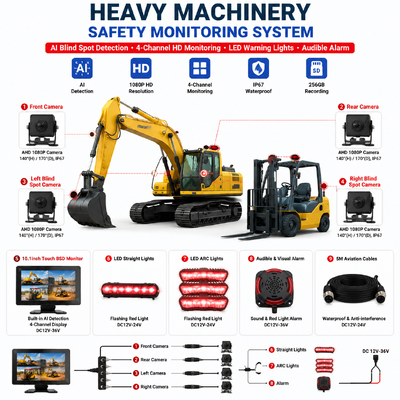 4CH AI BSD Forklift Safety Monitoring System 1080P Camera/display and LED Alarm Light/suitable for Heavy Machinery