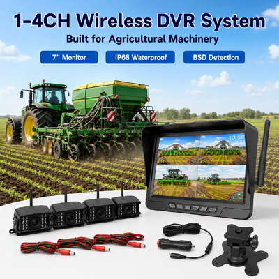 Wireless 2‑Channel Plug‑and‑Play Tractor Camera Kit – 7" IP68 Monitor with Night Vision BSD and Vibration‑Resistant Design