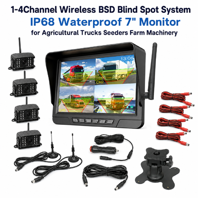 Wireless 2‑Channel Plug‑and‑Play Tractor Camera Kit – 7" IP68 Monitor with Night Vision BSD and Vibration‑Resistant Design