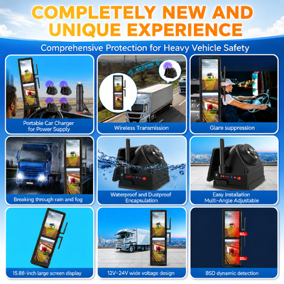 15.88 Inch Touchscreen Wireless Electronic Rearview Mirror with 4 Solar Magnetic Cameras Split Screen BSD for Heavy Trucks