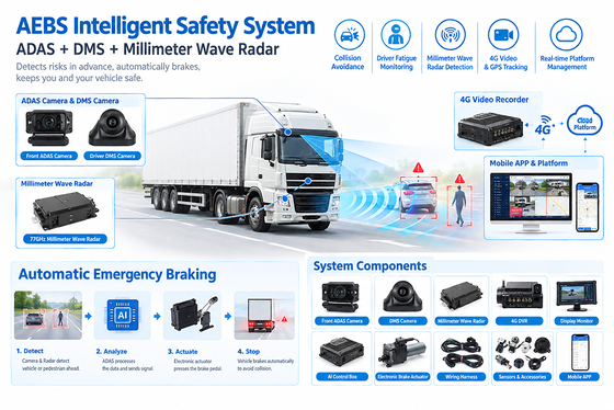 AEBS System with 77GHz Millimeter Wave Radar ADAS + DMS and 4G/5G Connectivity for Fleet Telematics