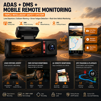 3 Channel 4K Dash Cam Front Rear Inside with 4G Remote Monitoring DMS ADAS GPS Fleet Management Vehicle DVR