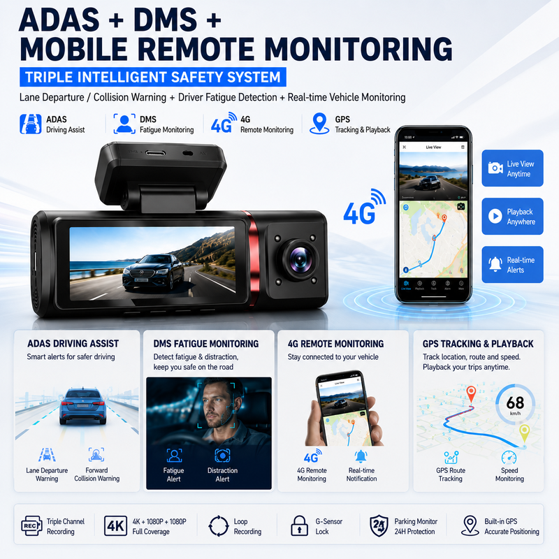3‑Channels AI 4G Dash Camera 4K Front, ADAS & DMS, GPS Tracking, 24/7 Parking Monitor