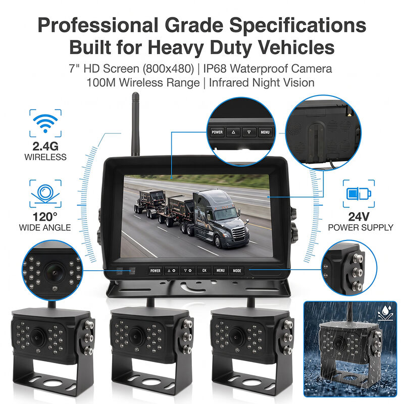 4CH Wireless Digital Backup Camera Kit with IPS Monitor IP69K Waterproof HD Night Vision Side/Rear View Driving Camera