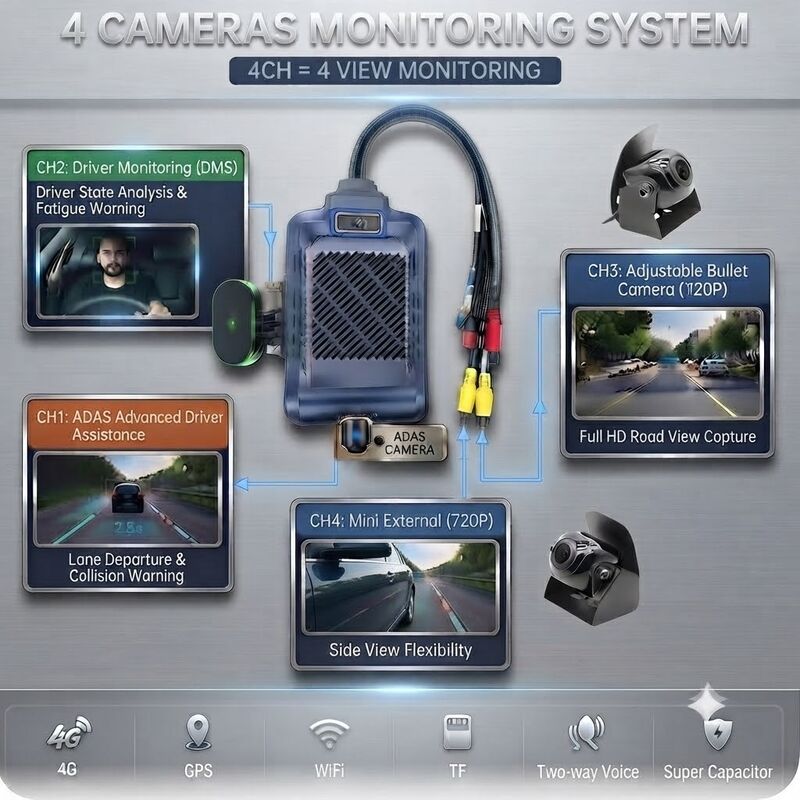 4-Channel AI Intelligent 4G Dash Camera, ADAS + DMS + BSD Active Safety,1080P+720P Recording for Taxis