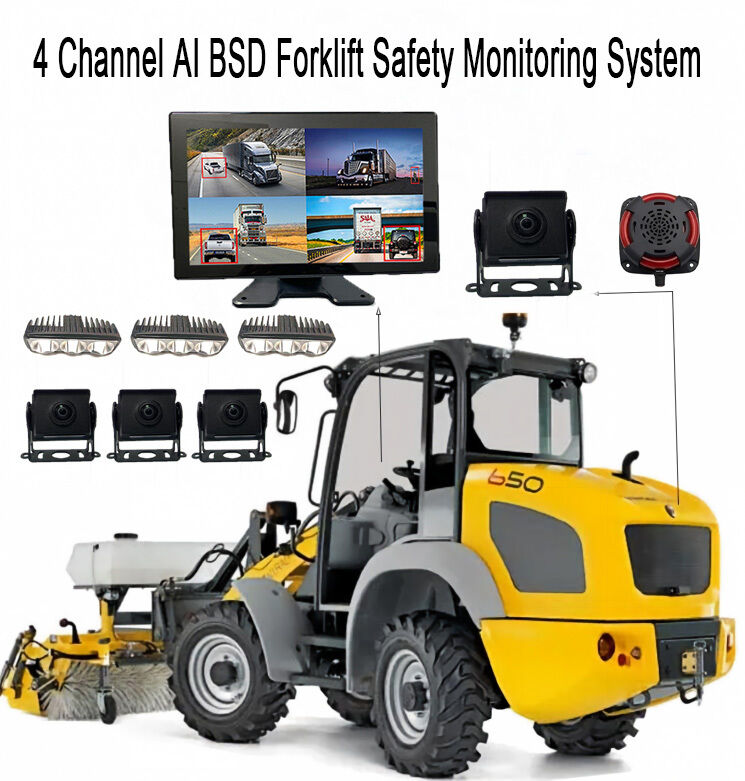 4CH AI BSD Forklift Safety Monitoring System 1080P Camera/display and LED Alarm Light/suitable for Heavy Machinery
