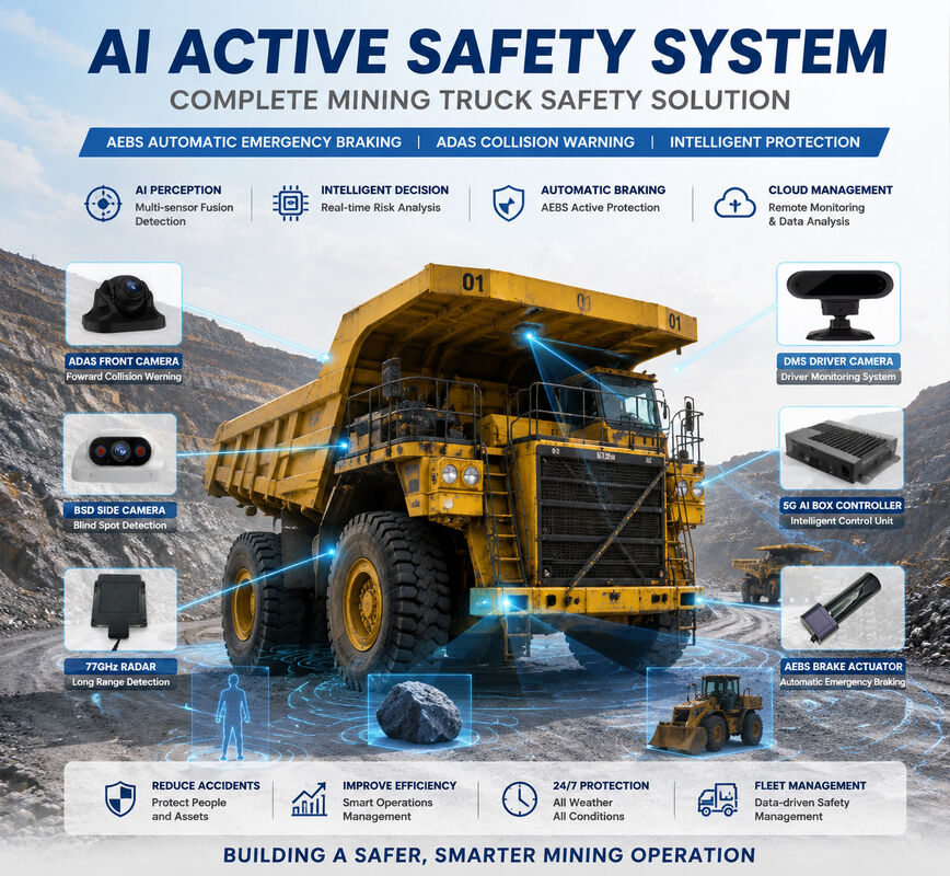 Mining Truck AEBS Safety Emergency Braking System Front and Rear BSD Blind Spot Warning DMS Driver Fatigue Monitoring