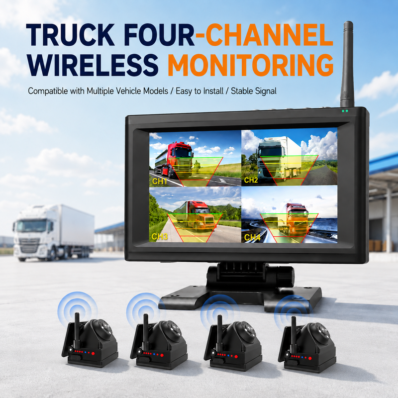 Plug and Play 1 - 4CH 720P Wireless Magnetic Camera System 7" Monitor BSD Alarm Rechargeable for Truck RV Trailer Farm Machinery