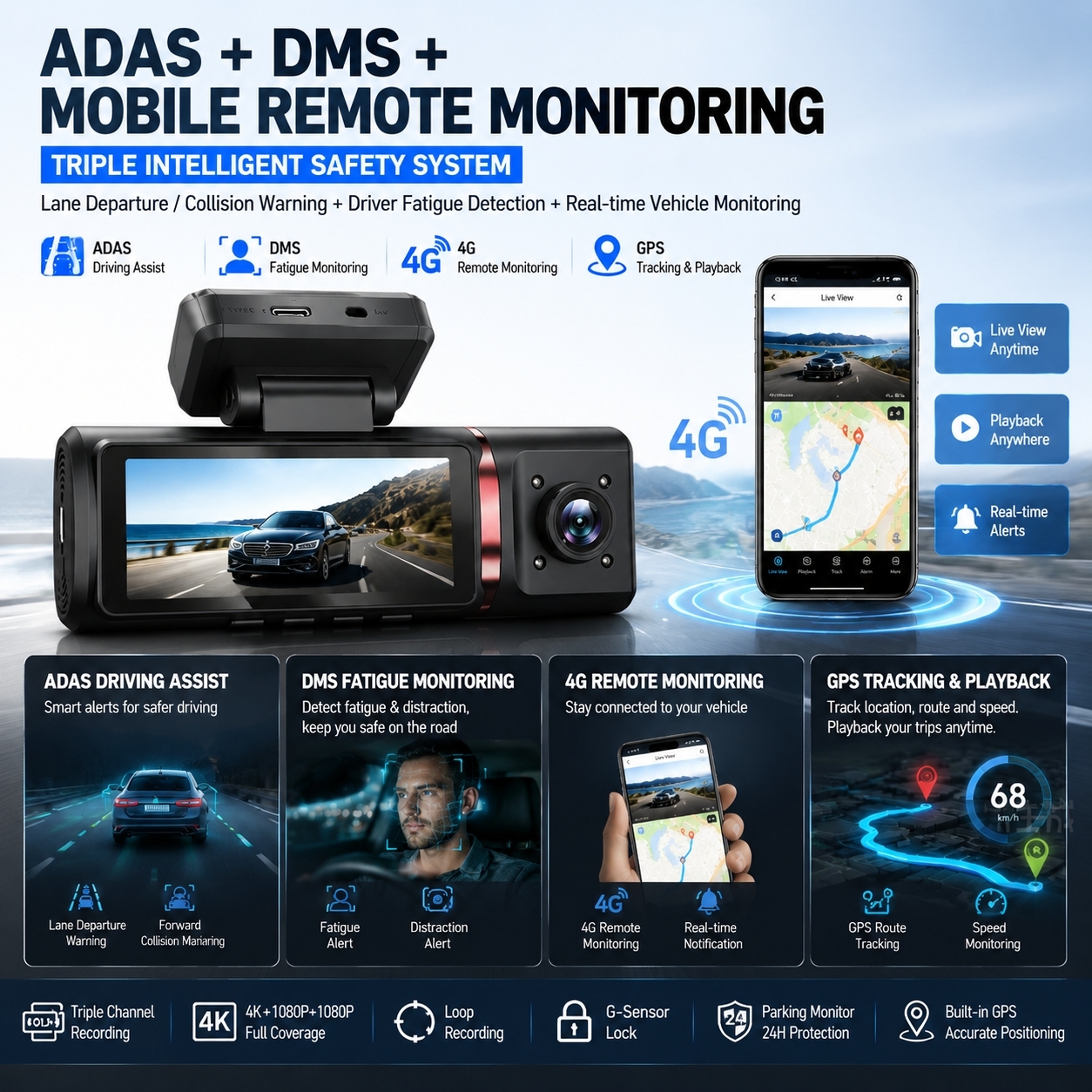 3-Channel 4G AI Dash Camera | 4K Front + 1080p Cabin & Rear | GPS ADAS ...