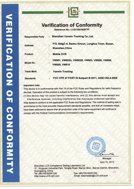 China Shenzhen Vanwin Tracking Co.,Ltd Certification
